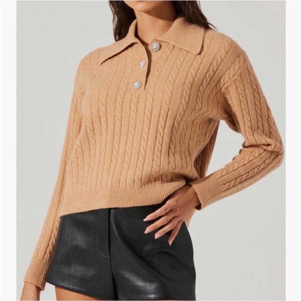 ASTR The Label Jewel Button Cable Knit Polo Sweater